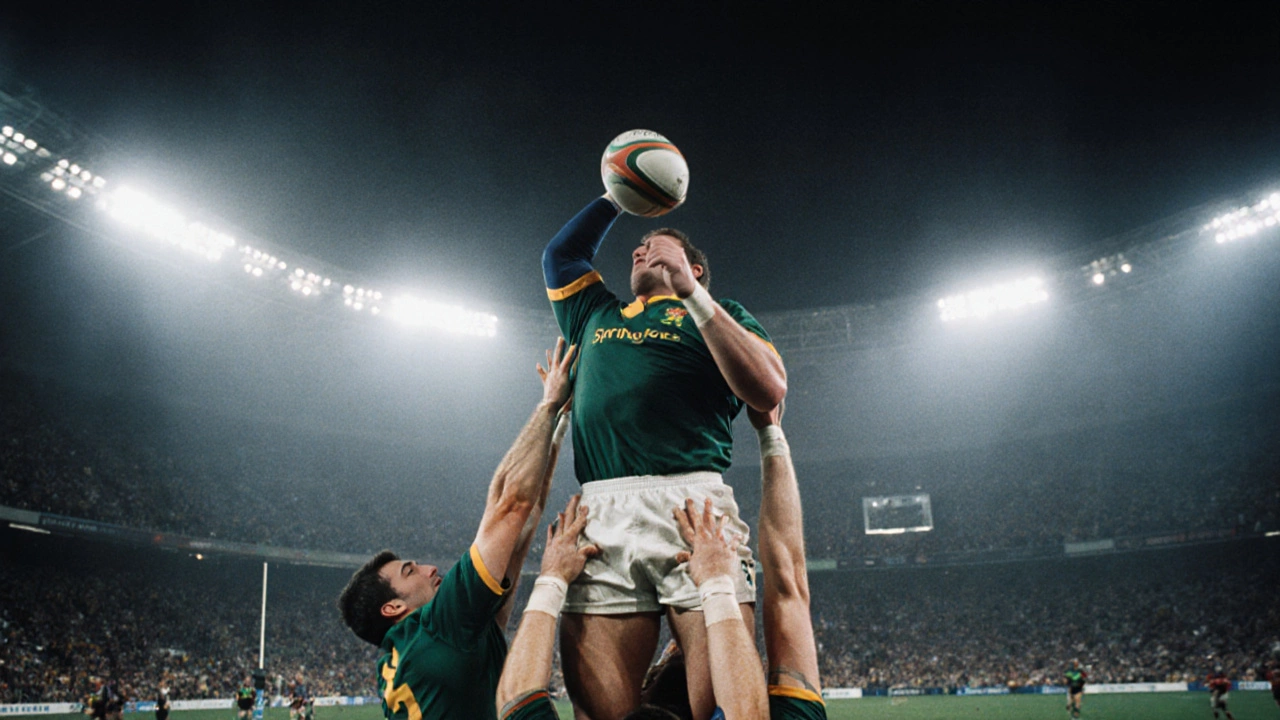 1995 World Cup lineout lift with Springboks players raised under dramatic lighting.