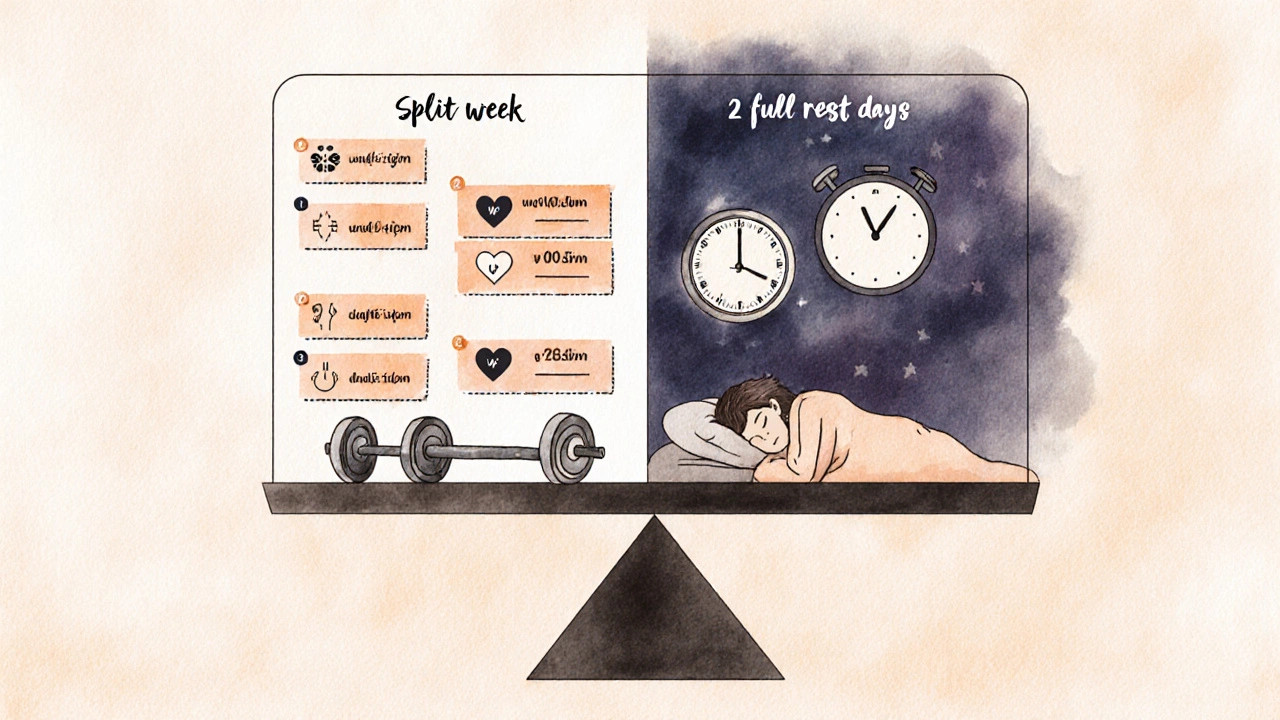 A balanced scale with gym sessions on one side and rest days with sleep on the other, symbolizing recovery.