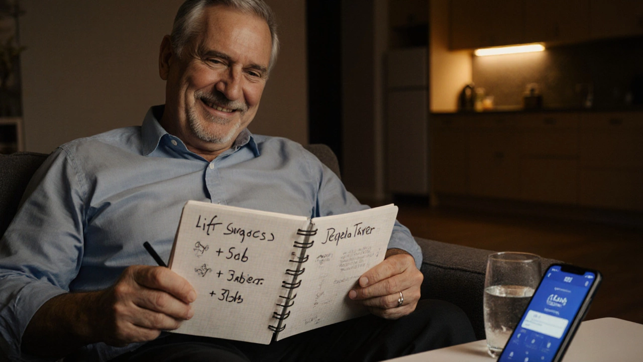 A man in his 40s reviewing his workout progress in a notebook at home during quiet evening light.