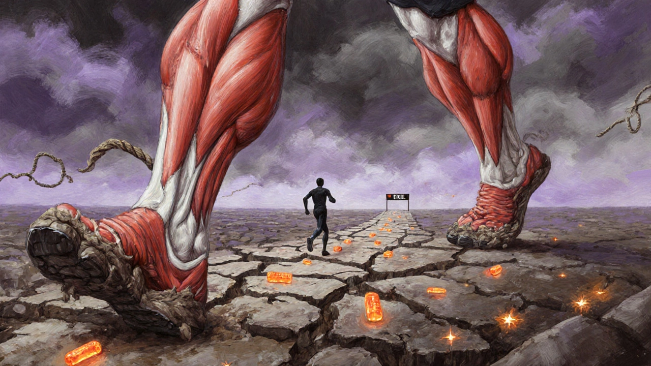 A surreal artistic depiction of a runner's body as a crumbling landscape with fading energy gels along the path.