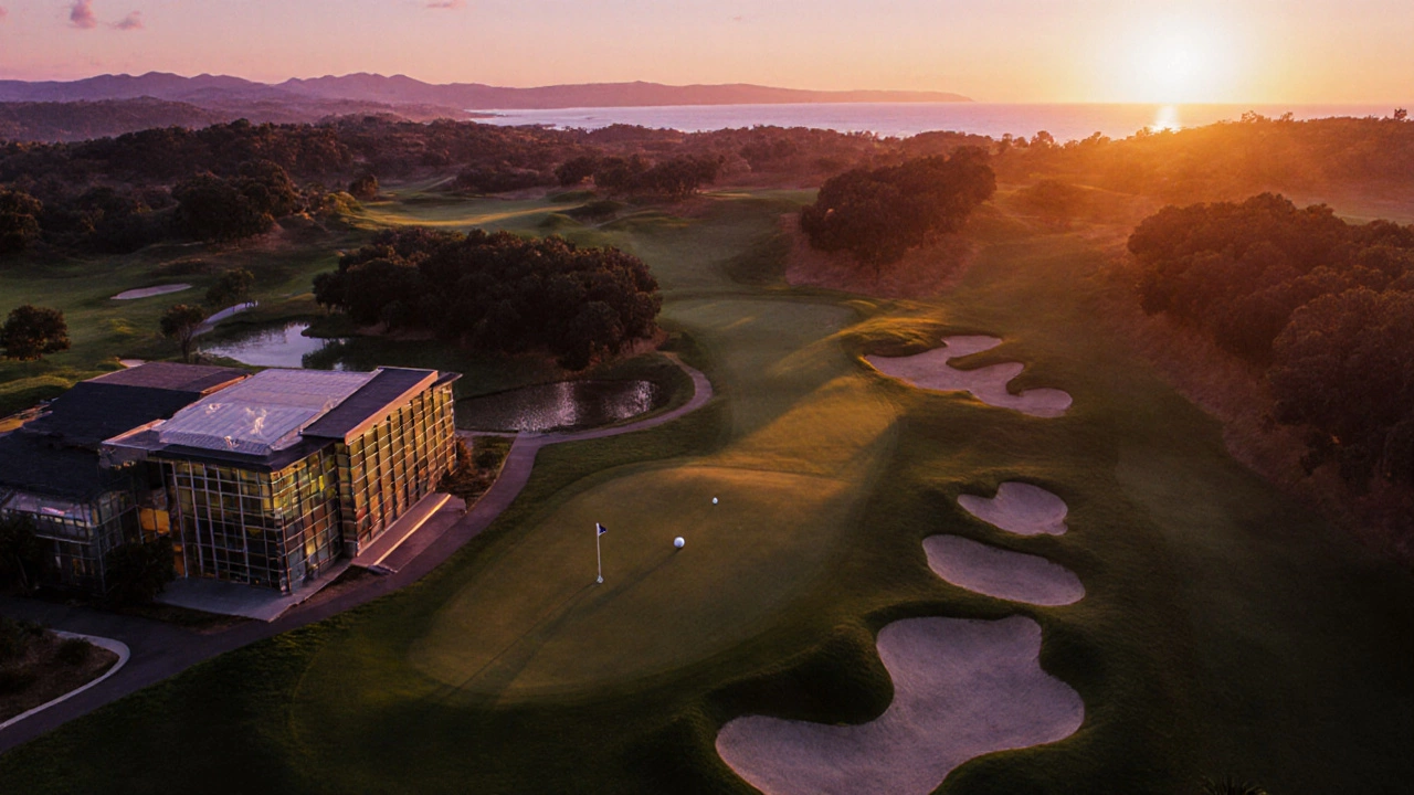 Aerial sunset view of a full golf course route from clubhouse to final green.
