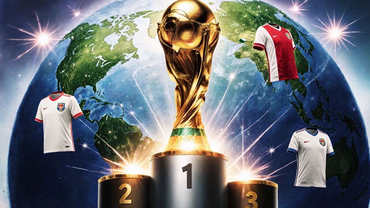 Artistic globe with national team icons connected to a glowing trophy, illustrating ranking impact.