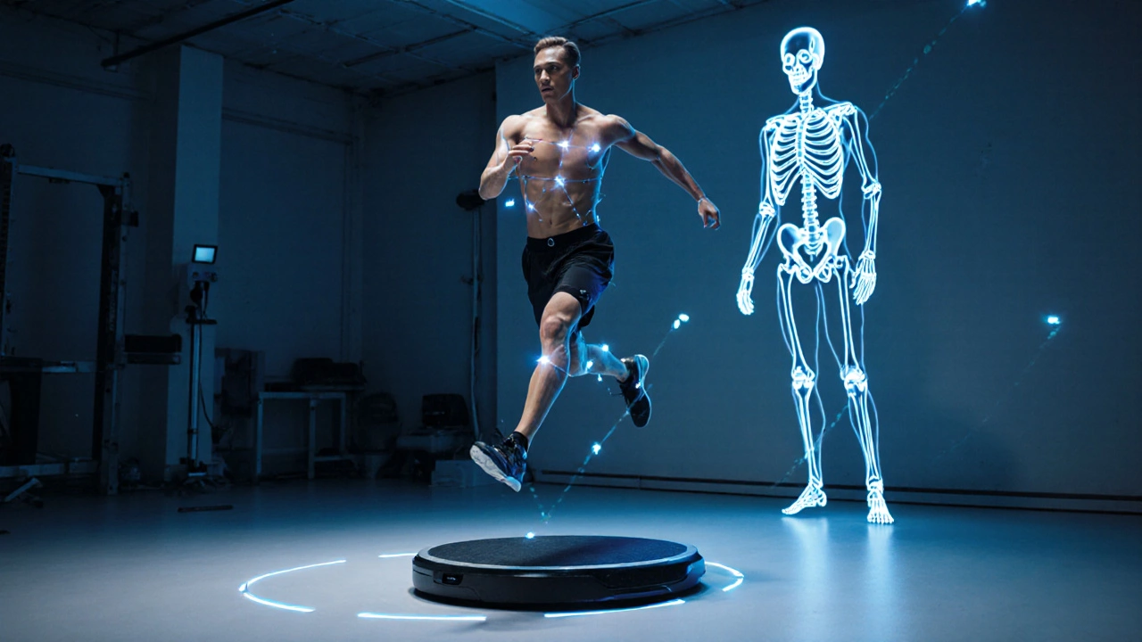 Athlete jumping on a force plate with 3D motion capture projection in a lab.