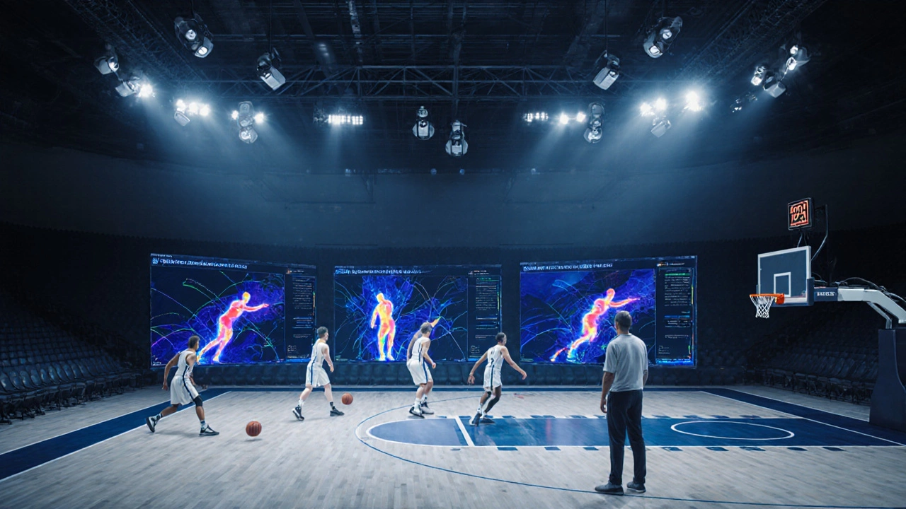Basketball court with ceiling cameras and digital heat maps displayed on a coach's screen.