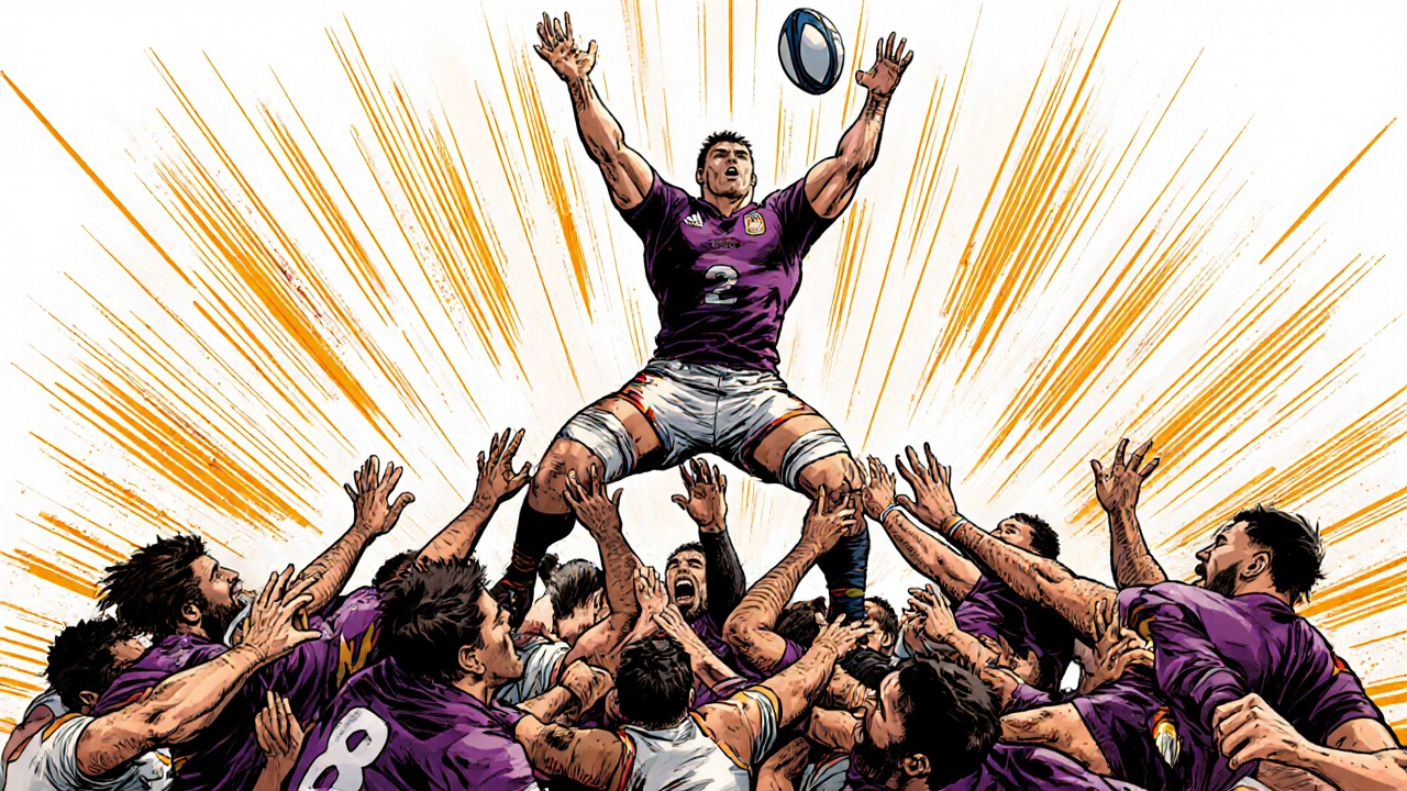 Centre lifts teammate over a maul, reaching for the ball while defenders press below.