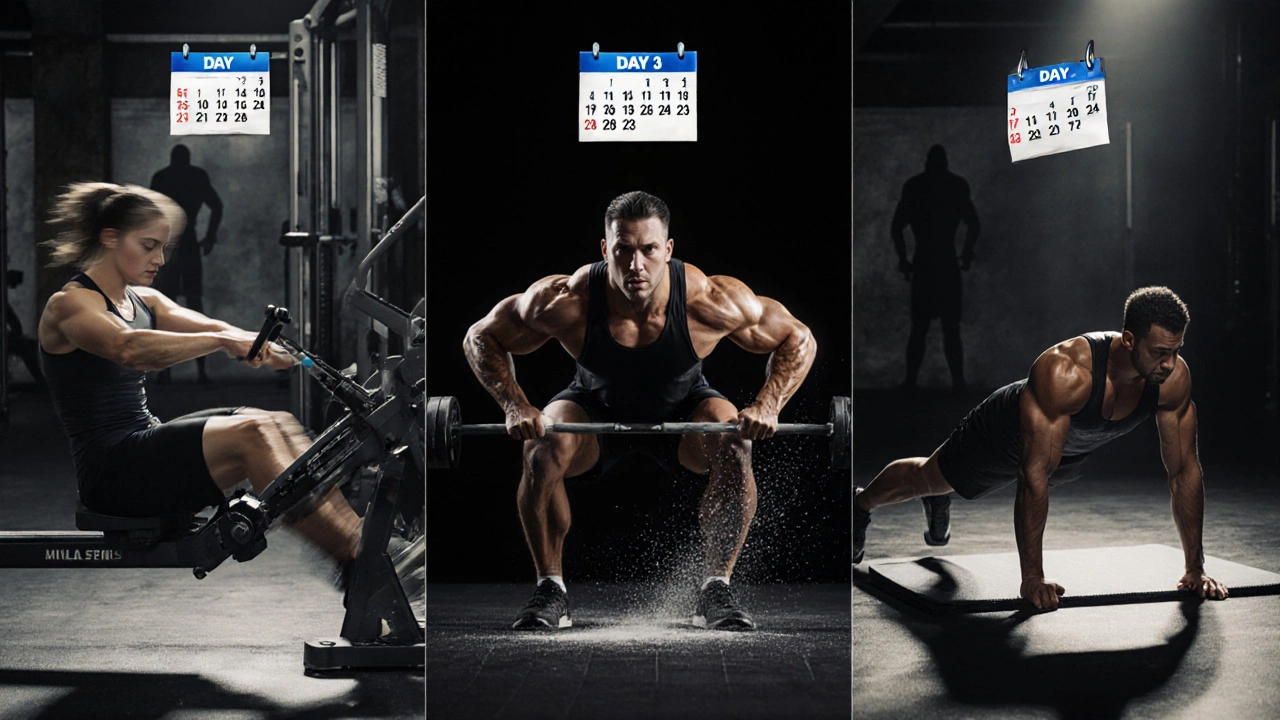 Cinematic series showing warm‑up, squat, and plank core finisher on three training days.