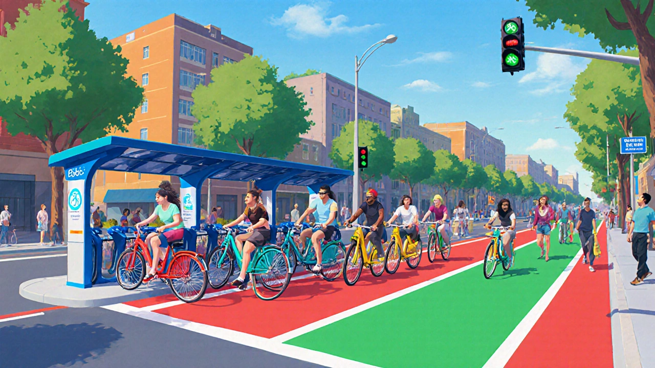 Colorful bike‑share dock with cyclists near a bike‑only traffic light.