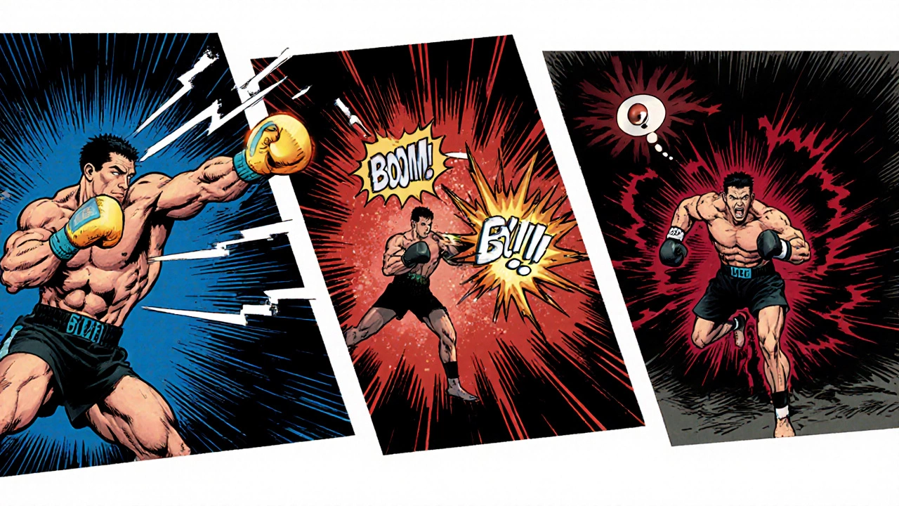 Comic‑book panels show fast combos, a powerful uppercut, and psychological pressure on an opponent.