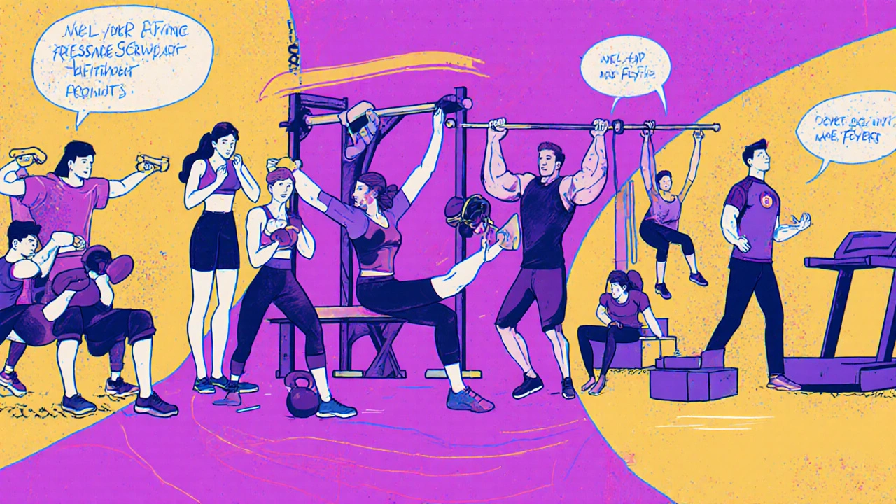 Comic‑style illustration of five groups performing different workout splits in a gym.