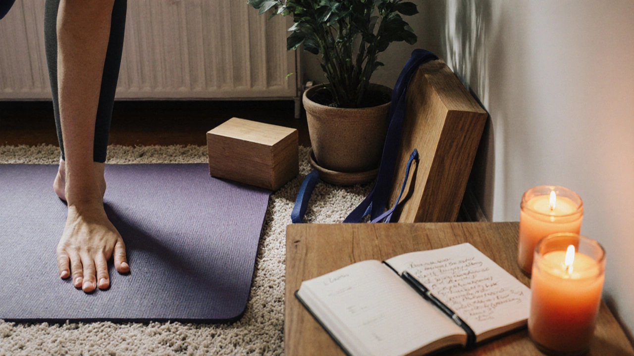 Cozy home yoga space with mat, props, and a journal beside a candle.