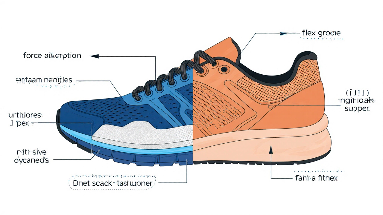 Cross‑section illustration comparing layers of a running shoe and a regular sneaker.