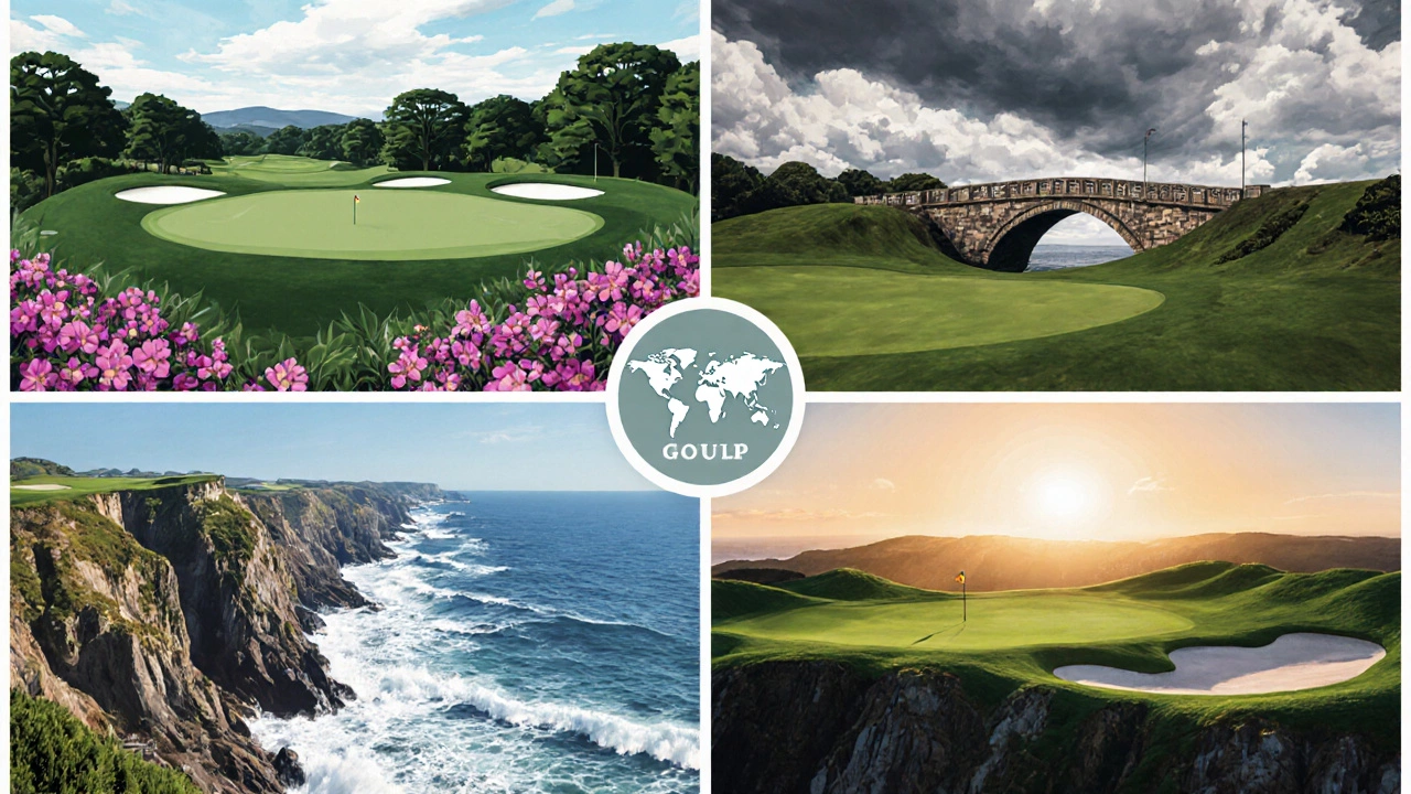 Digital collage of iconic holes from Augusta, St Andrews, Pebble Beach, and Pinehurst.