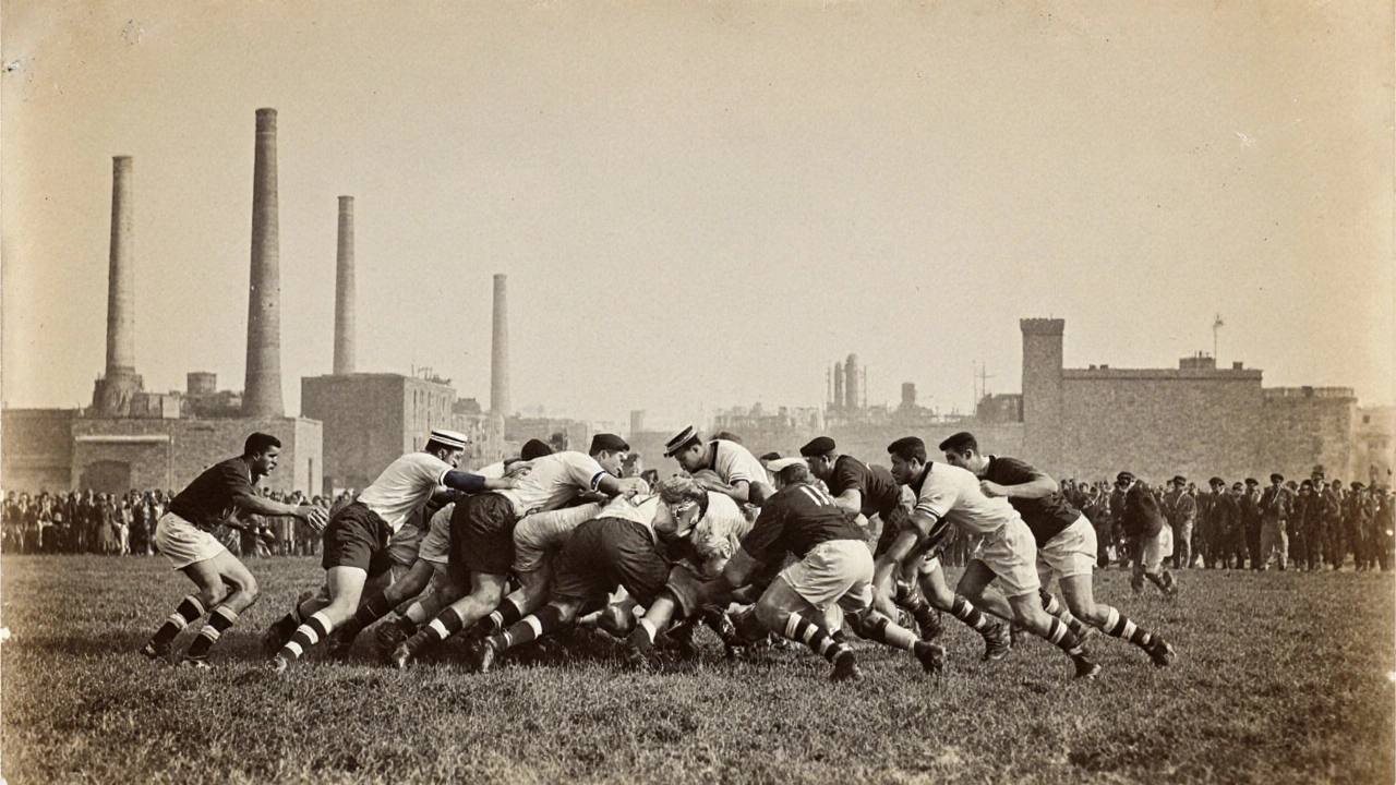 Early 20th‑century scene of British workers and Italian youths playing rugby in northern Italy.