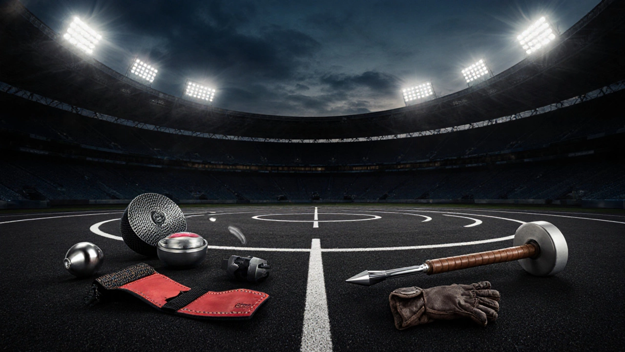 Evening view of a throwing circle with shot put, discus, javelin, hammer and safety gear.