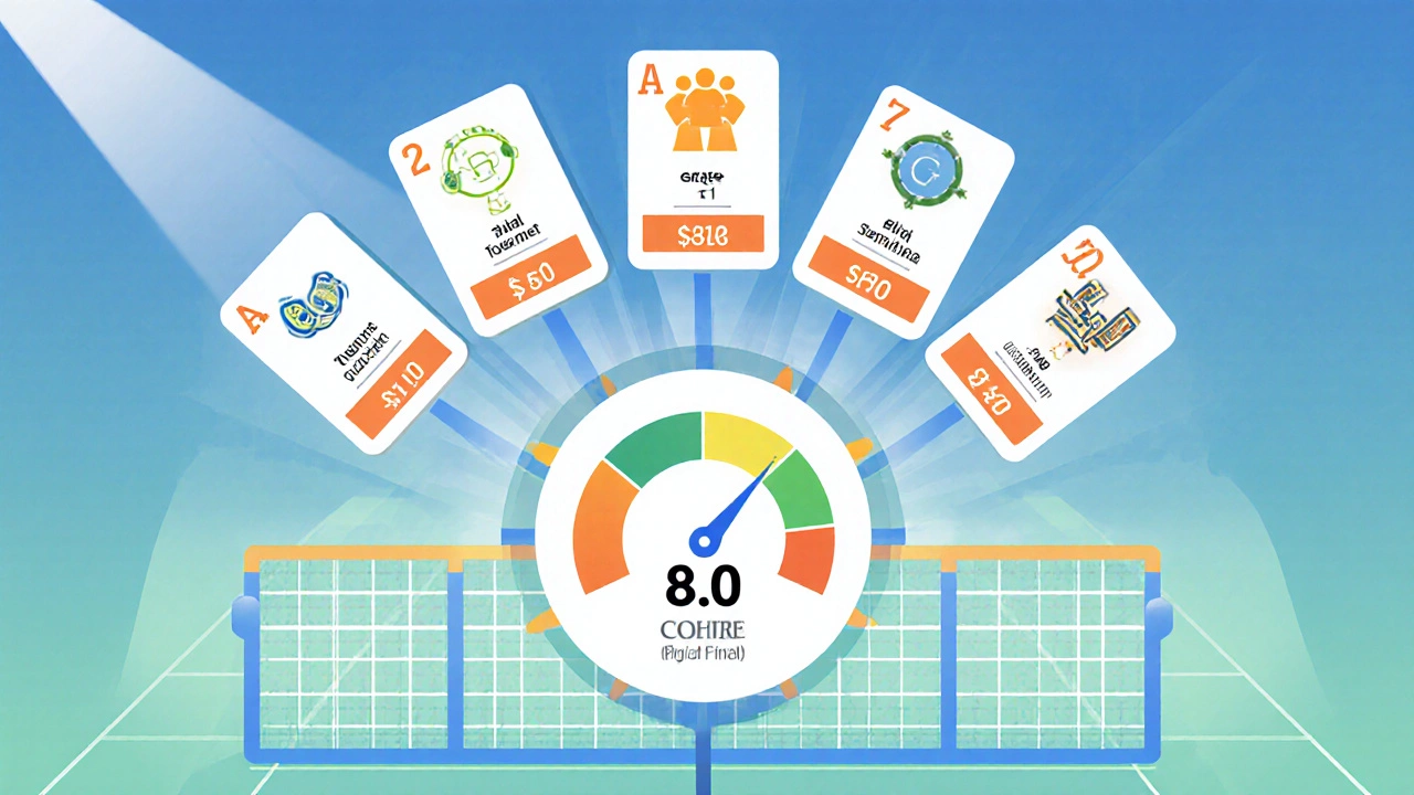 Flat illustration of tournament grades, points, and a gauge converting points to an 8.0 rating.