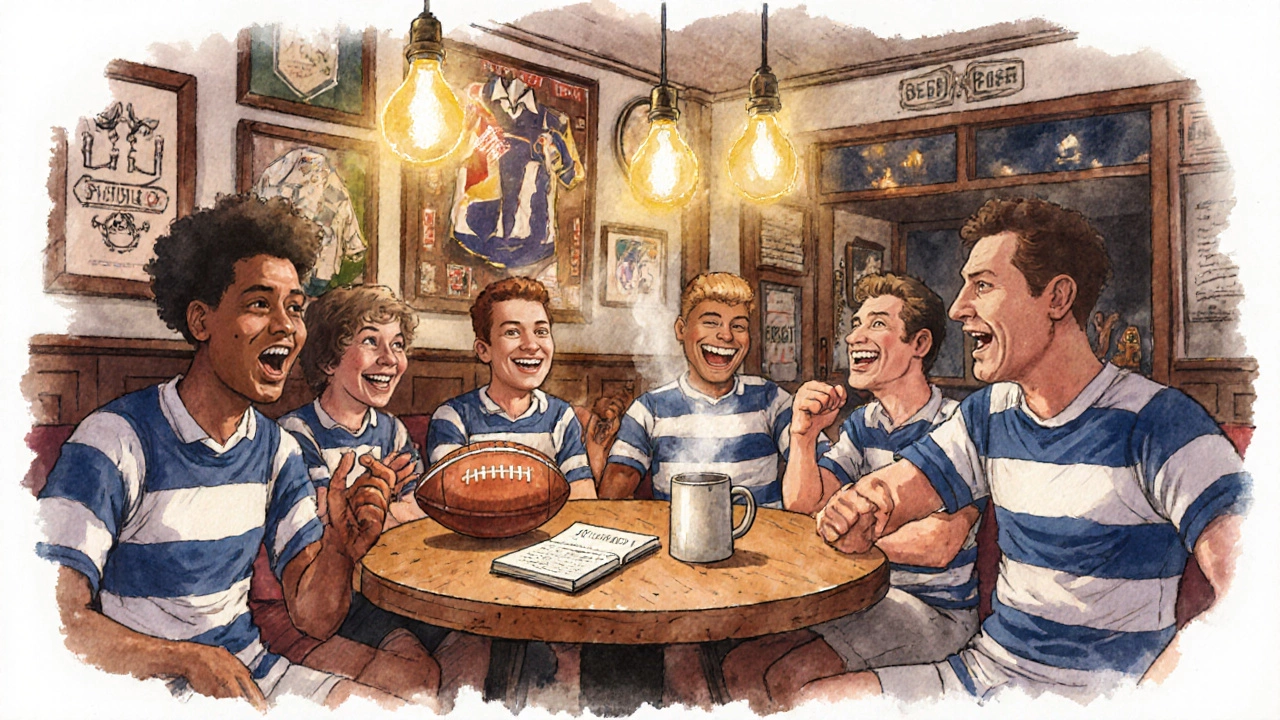 Friends in a pub discussing rugby, surrounded by jerseys and a rugby ball.