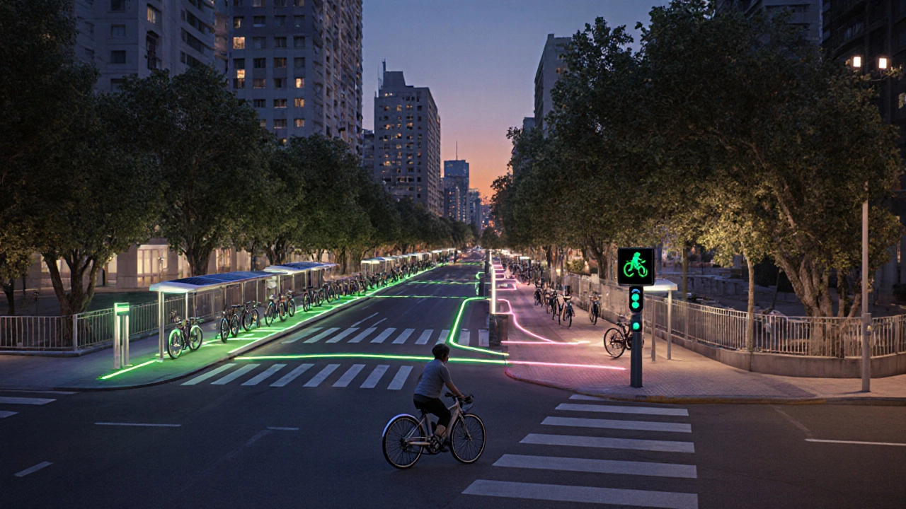 Futuristic view of expanded bike lanes and e‑bike riders in Mexico City.