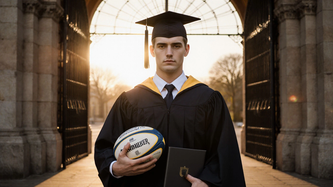 Graduating rugby student holding a diploma and ball against sunrise.