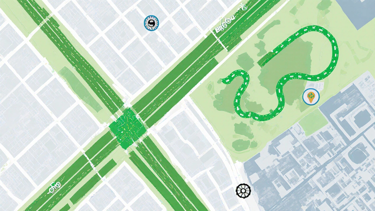 Illustrated map showing dedicated bike lanes, shared roads, and park trails.