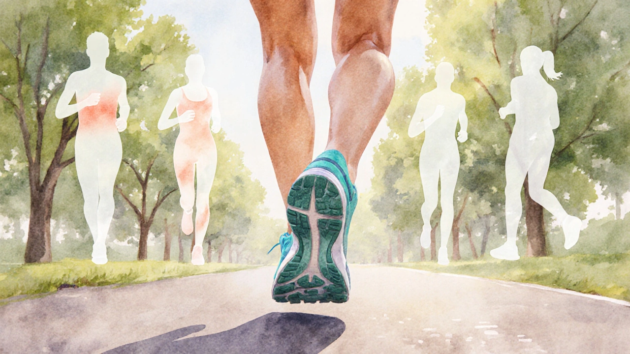 Jogger wearing a supportive training shoe on a paved path, with faded injury silhouettes.