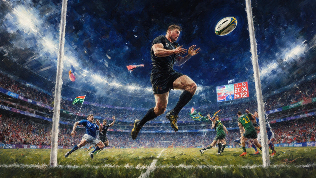 New Zealand player scores a winning drop goal in 2015 World Cup extra time.
