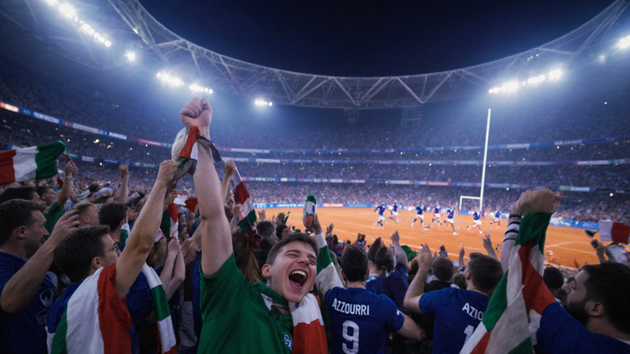 Nighttime rugby match in an Italian stadium with passionate fans cheering the Azzurri.
