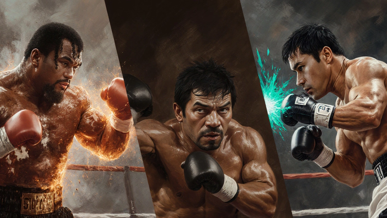 Oil painting depicts Tyson, Frazier, and Pacquiao each delivering their signature pressure‑fighting moves.