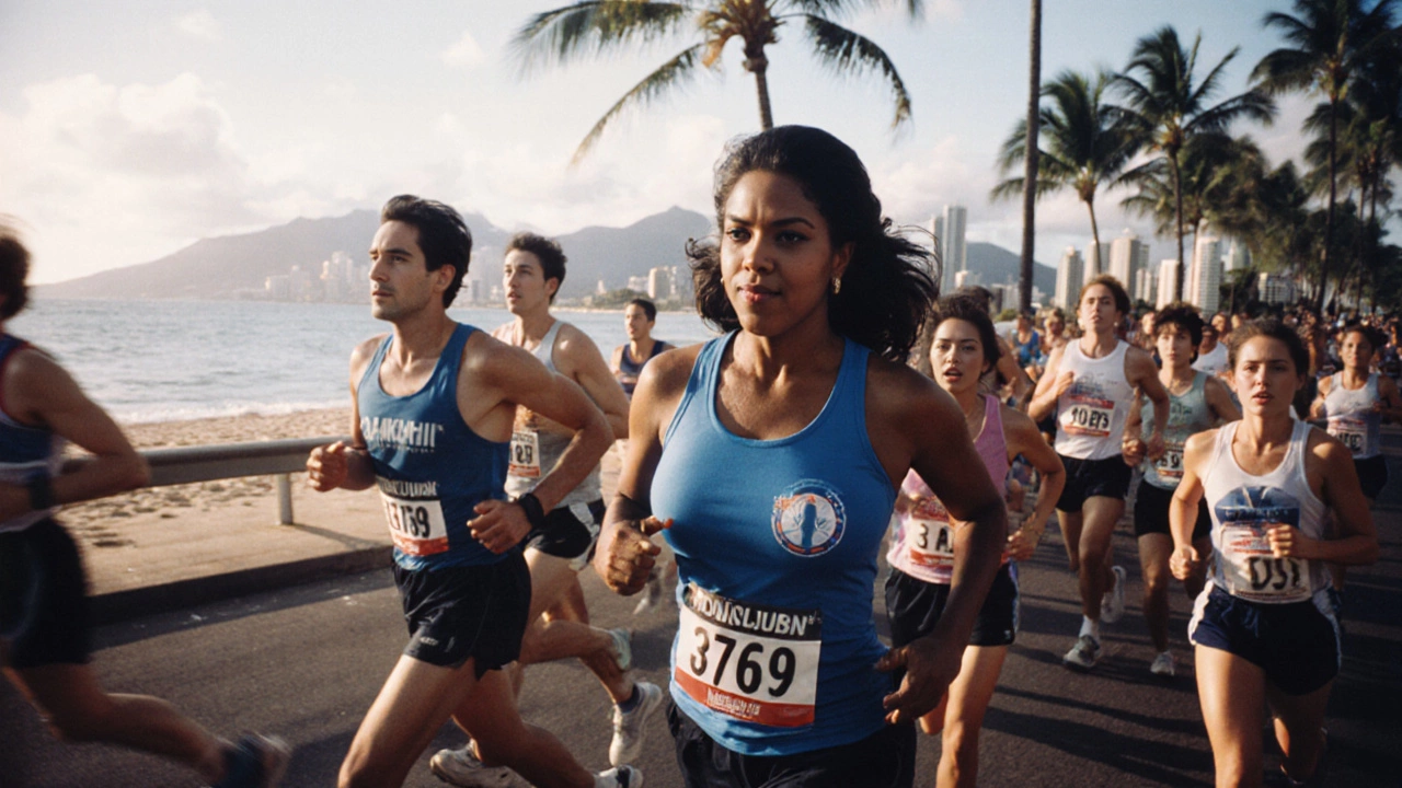 Oprah running in a blue tank top during the 1994 Honolulu Marathon near the beach.