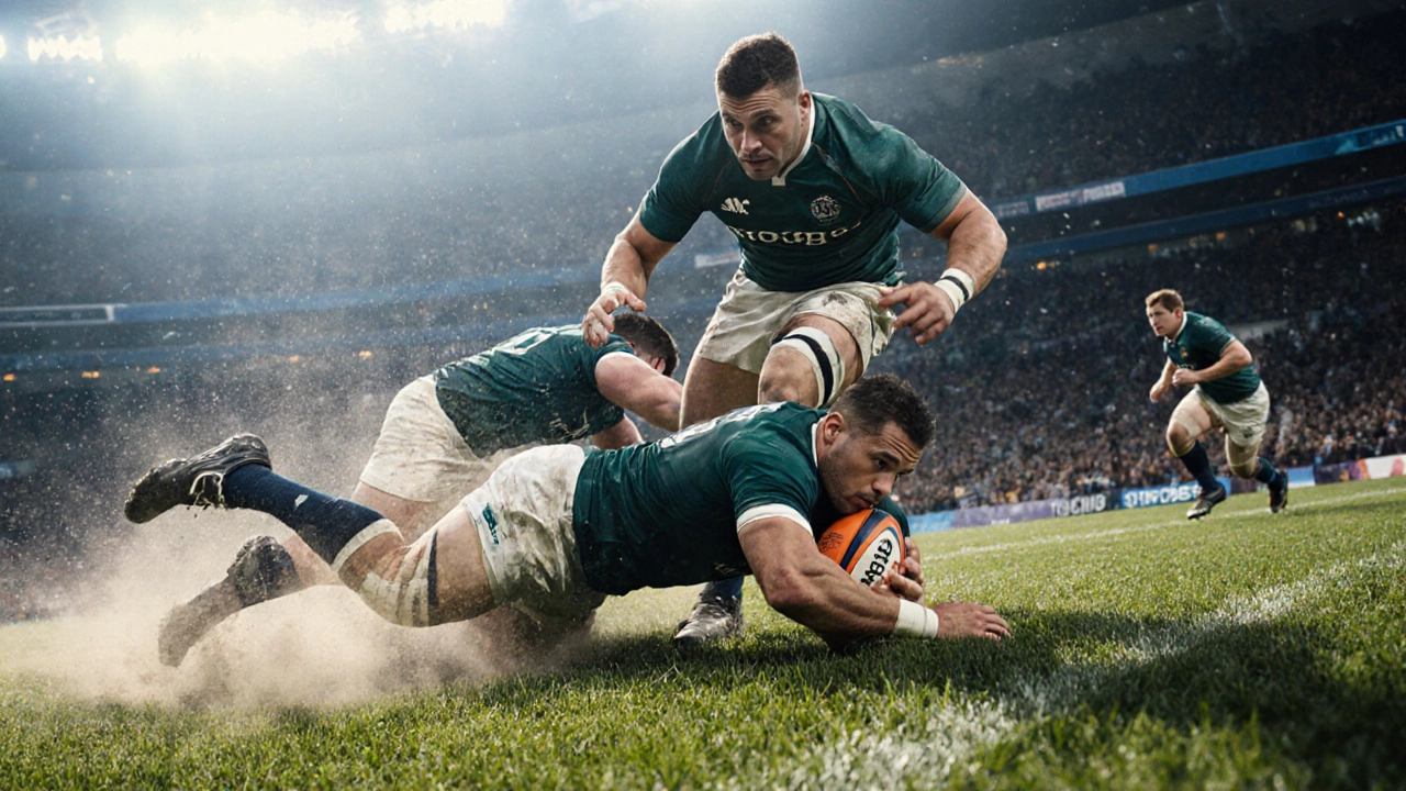 Players demonstrating a hard tackle, a pick‑up run, and a powerful charge on the field.