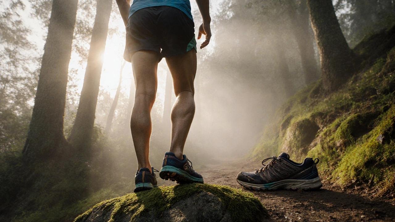 Runner on a misty forest trail examining old worn road shoes beside fresh trail shoes.