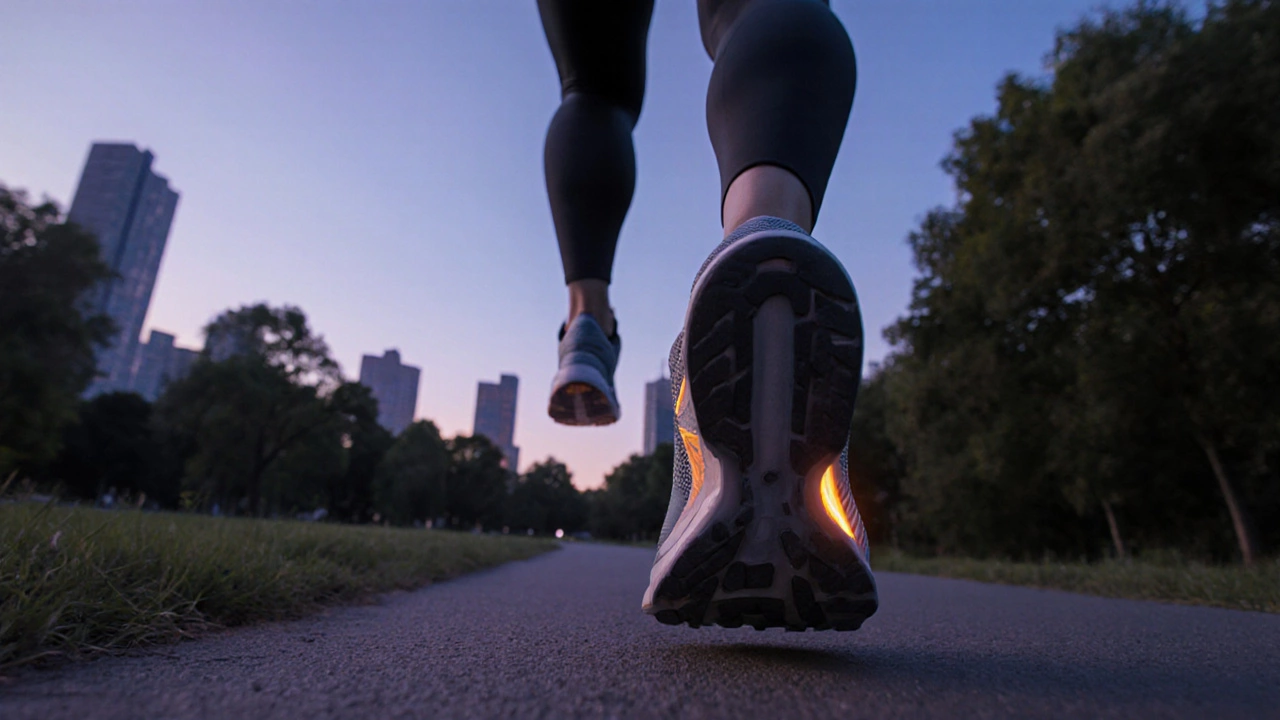 Runner wearing a hybrid transition shoe on a dawn trail with motion blur.