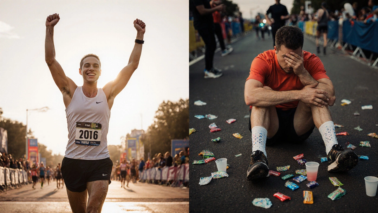 Side-by-side comparison: a joyful half-marathon finisher and a collapsed marathon runner at the finish line.