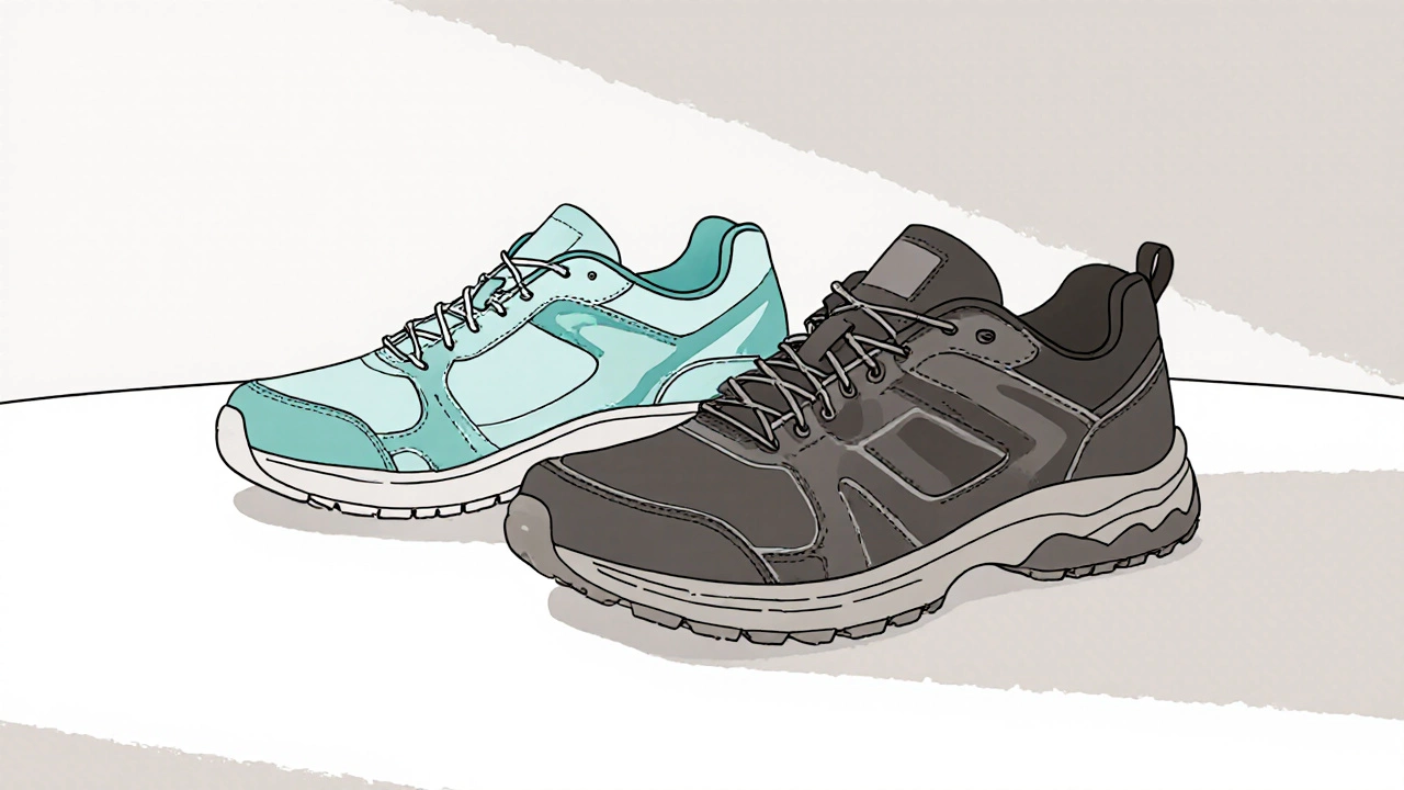 Side‑by‑side illustration of a walking shoe and a running shoe on a white surface.
