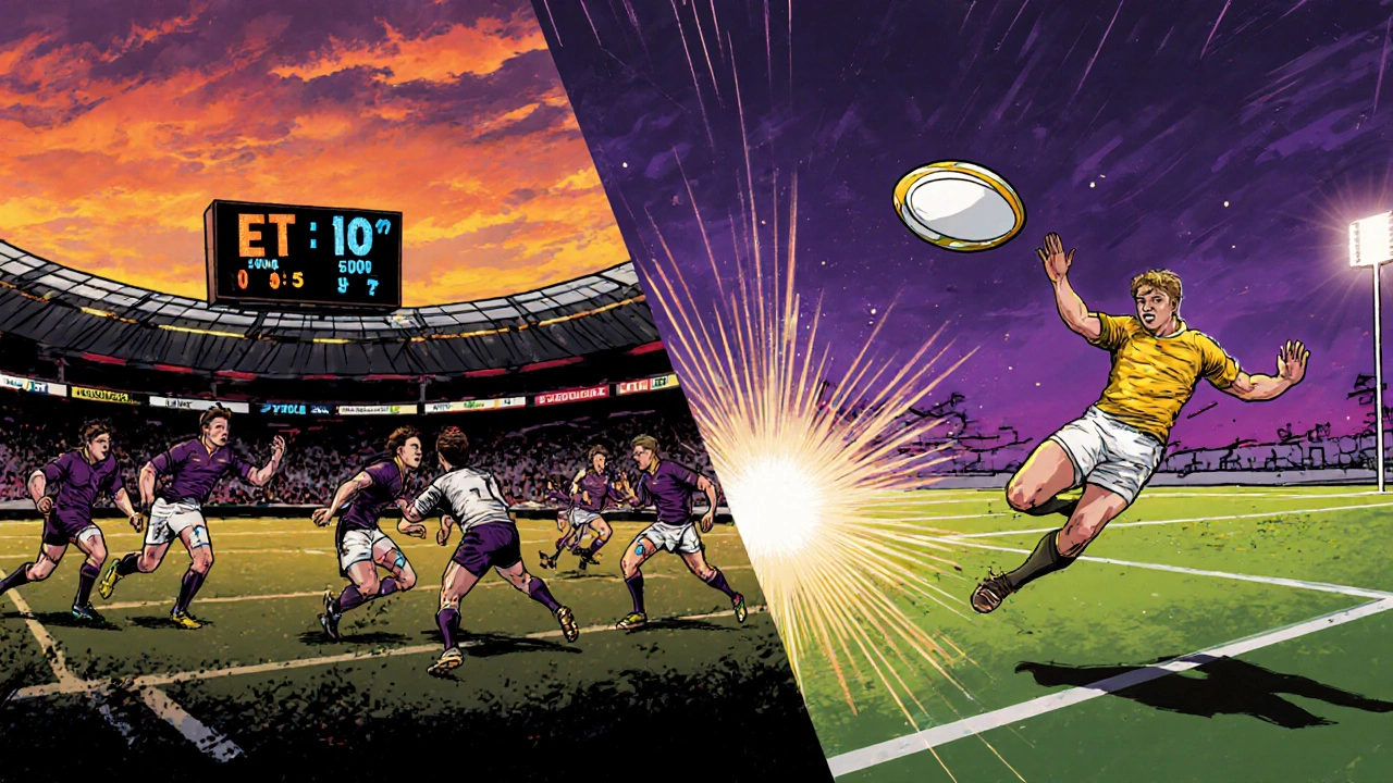 Split illustration showing fixed extra time and golden‑point drop‑goal in rugby.