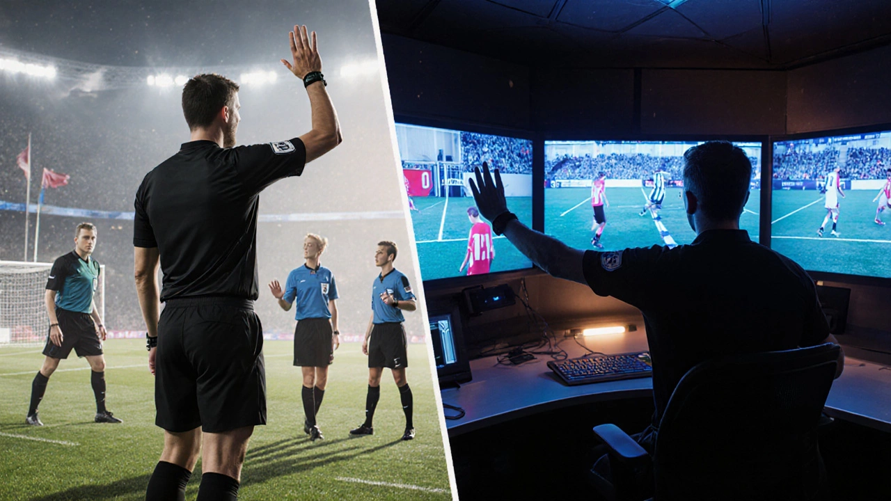 Split scene showing on‑field referee with assistants and a VAR control room reviewing replay footage.