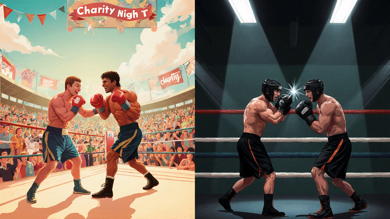 Split view of a charity exhibition match and a gym sparring session.