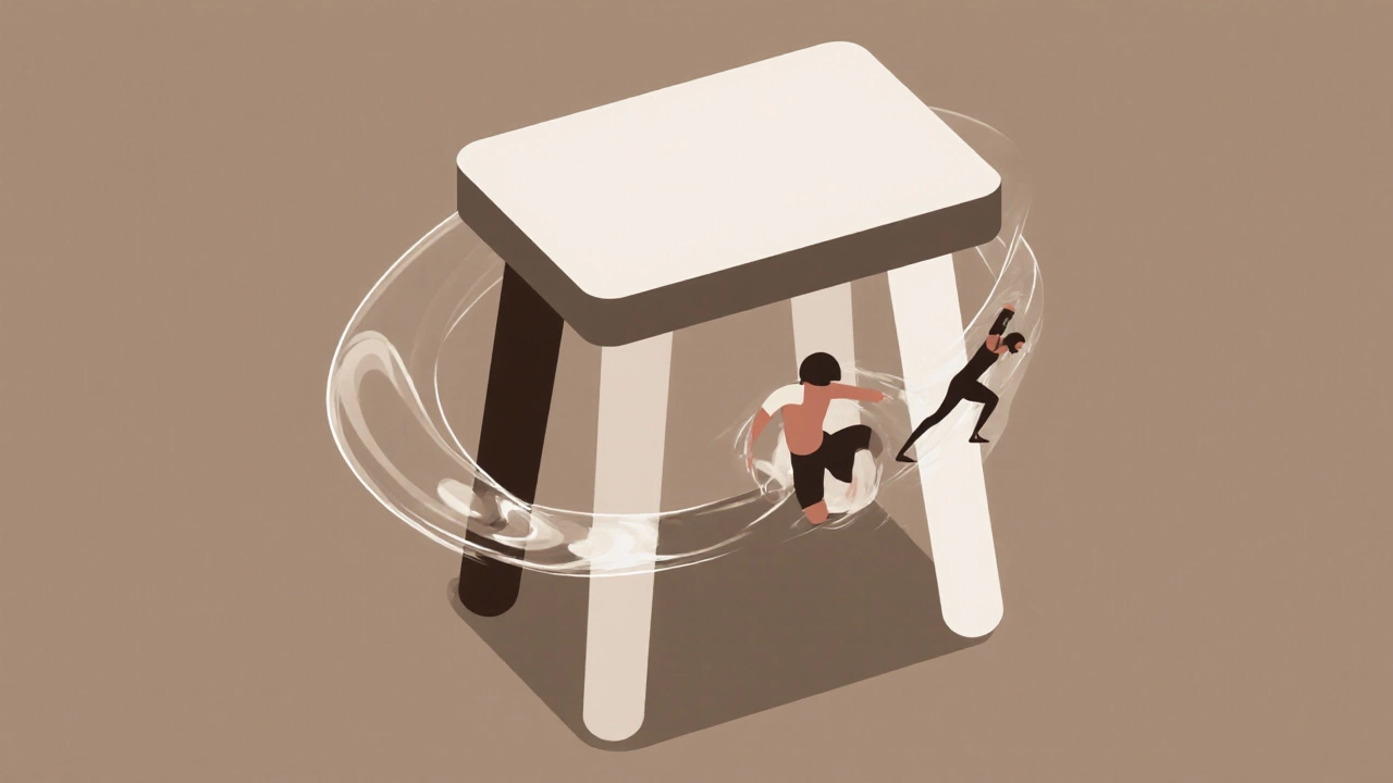 Three‑legged stool made of yoga poses illustrating flexibility, balance, strength.