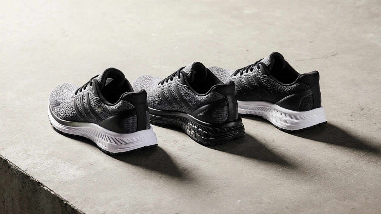 Three running shoes displayed together: neutral, stability, motion‑control, highlighting their midsoles and outsoles.