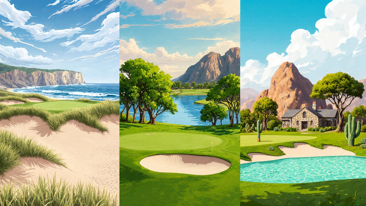 Three side‑by‑side illustrations of links, parkland, and desert golf courses.