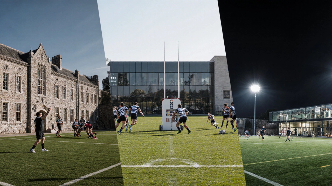 Three top rugby schools' campuses and players shown side by side in action.