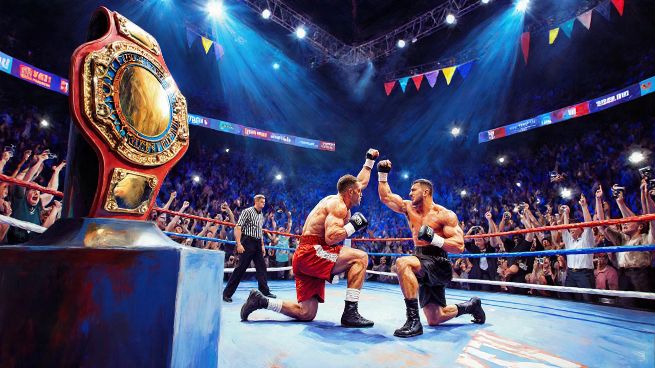 Title fight scene with a championship belt and two fighters under spotlights.