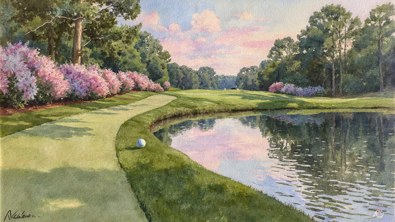 Watercolor of Augusta's 13th hole showing a narrow fairway, azaleas, and a reflective pond.