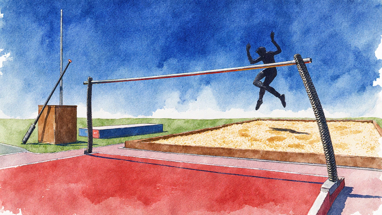 Watercolor of high‑jump bar, landing mat, long‑jump sand pit, and pole‑vault pole at a stadium.