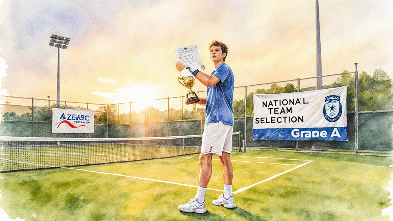 Watercolor of junior player with trophy and college letter on a grass court, hinting at future opportunities.