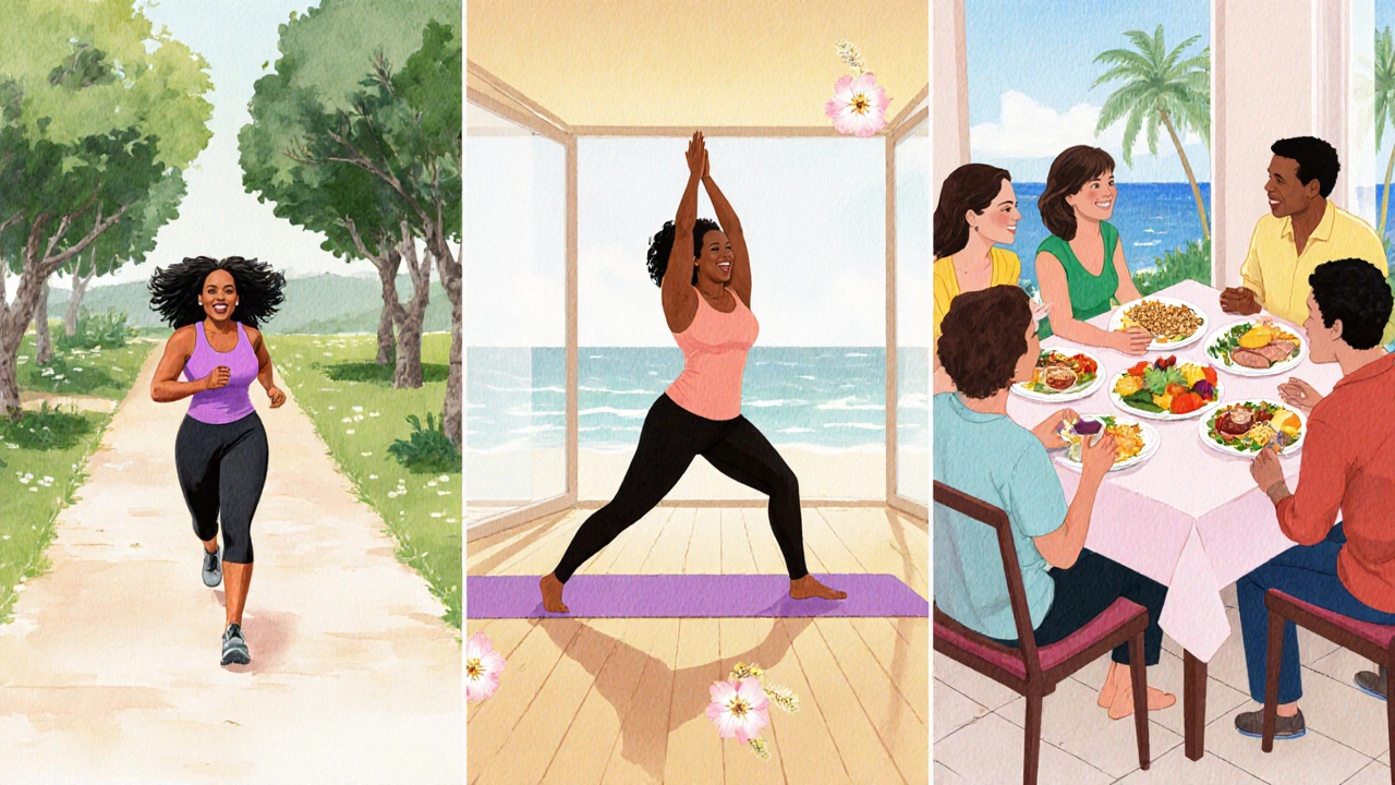 Watercolor scene of Oprah jogging, doing yoga, and sharing a healthy meal with friends.