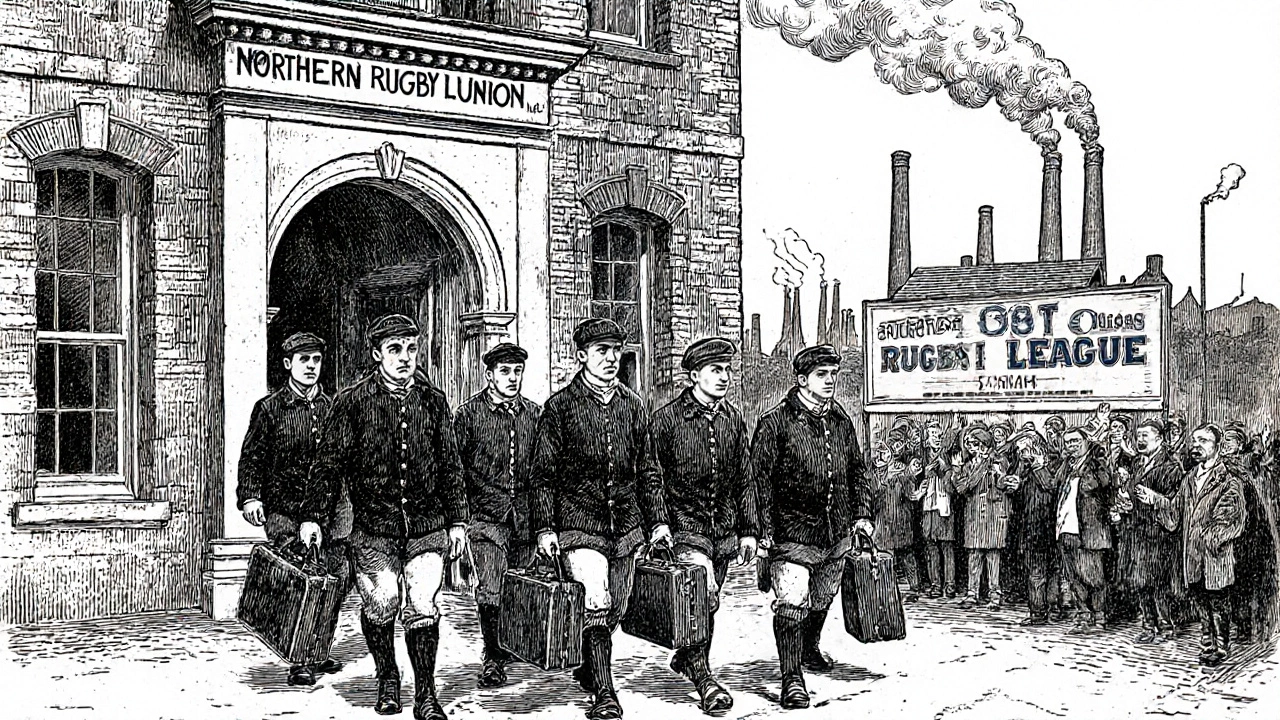 1895 split of rugby clubs in northern England: workers leaving RFU building to form rugby league.