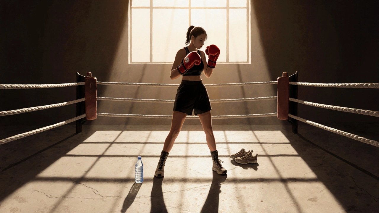 A solitary woman in a boxing stance, her strong shadow stretching across the floor at dawn.