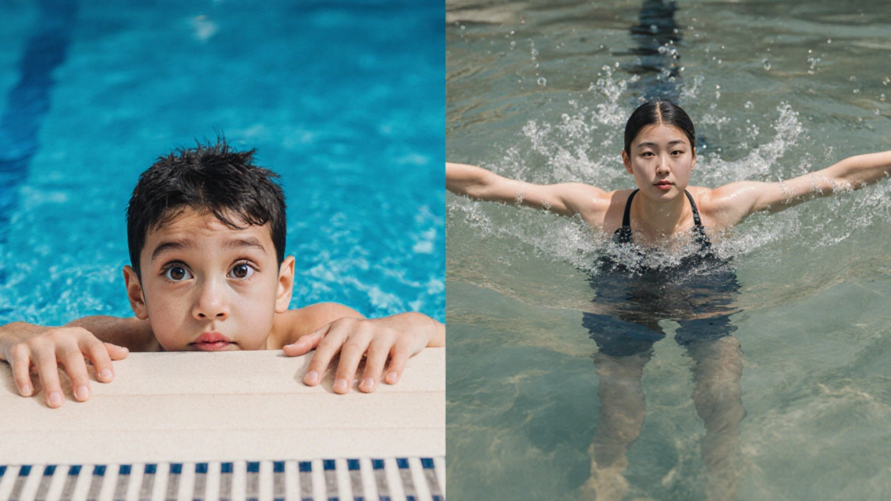 A swimmer's transformation from fear to confidence, shown side by side in water.