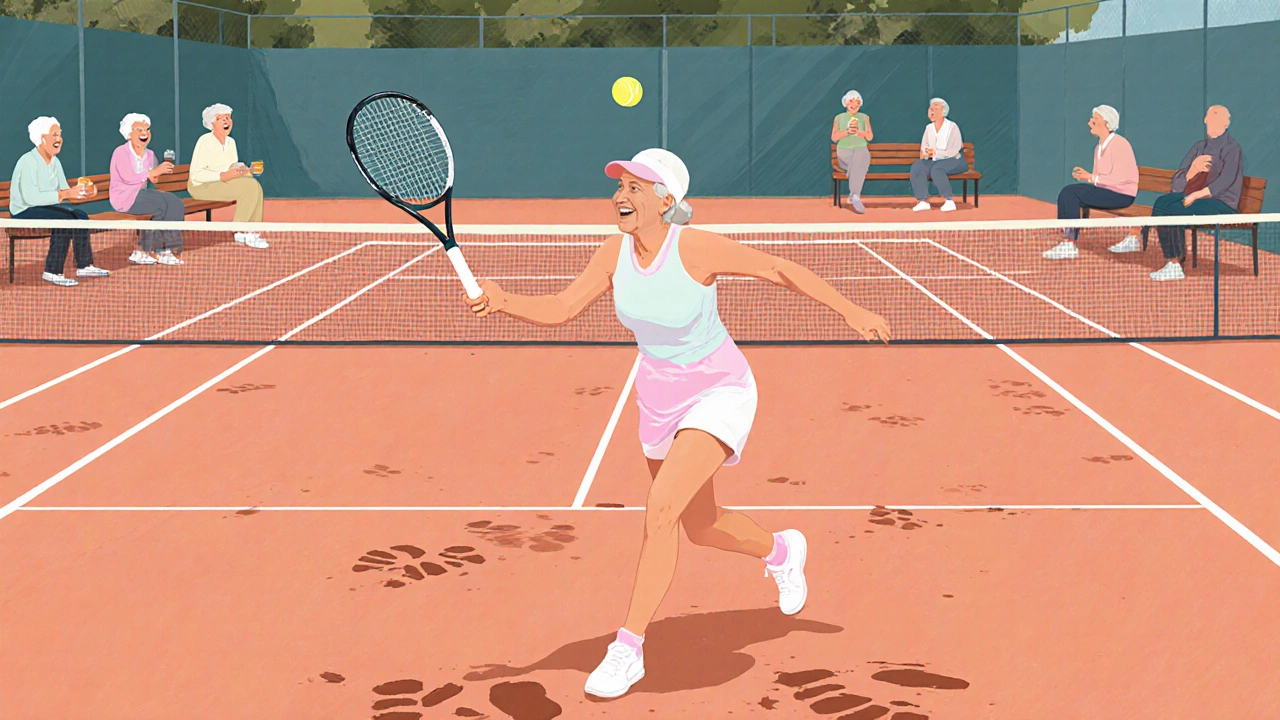 A woman in her 60s plays doubles tennis with other seniors, laughing on a community court.