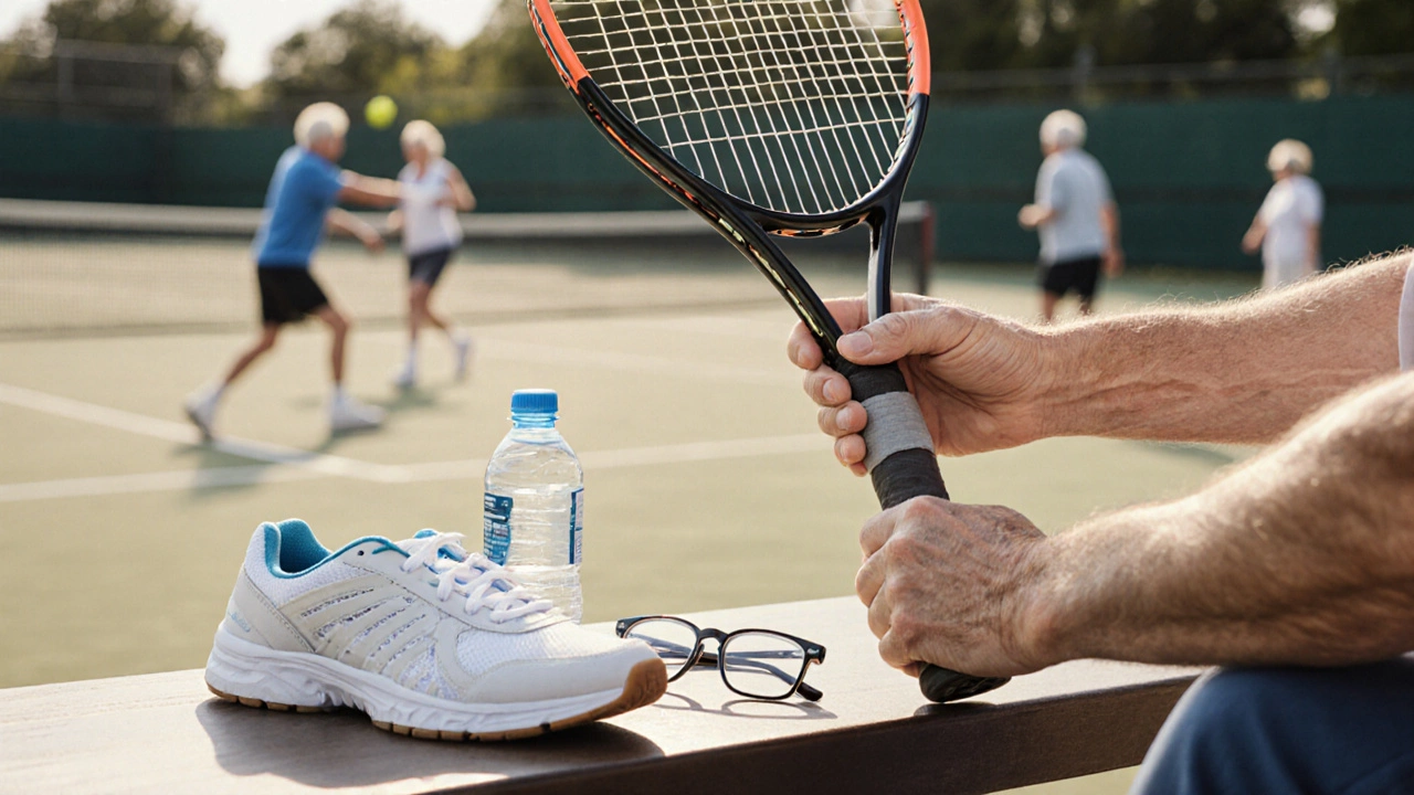 An elderly person&#039;s hand holding a lightweight tennis racket beside supportive shoes and glasses.